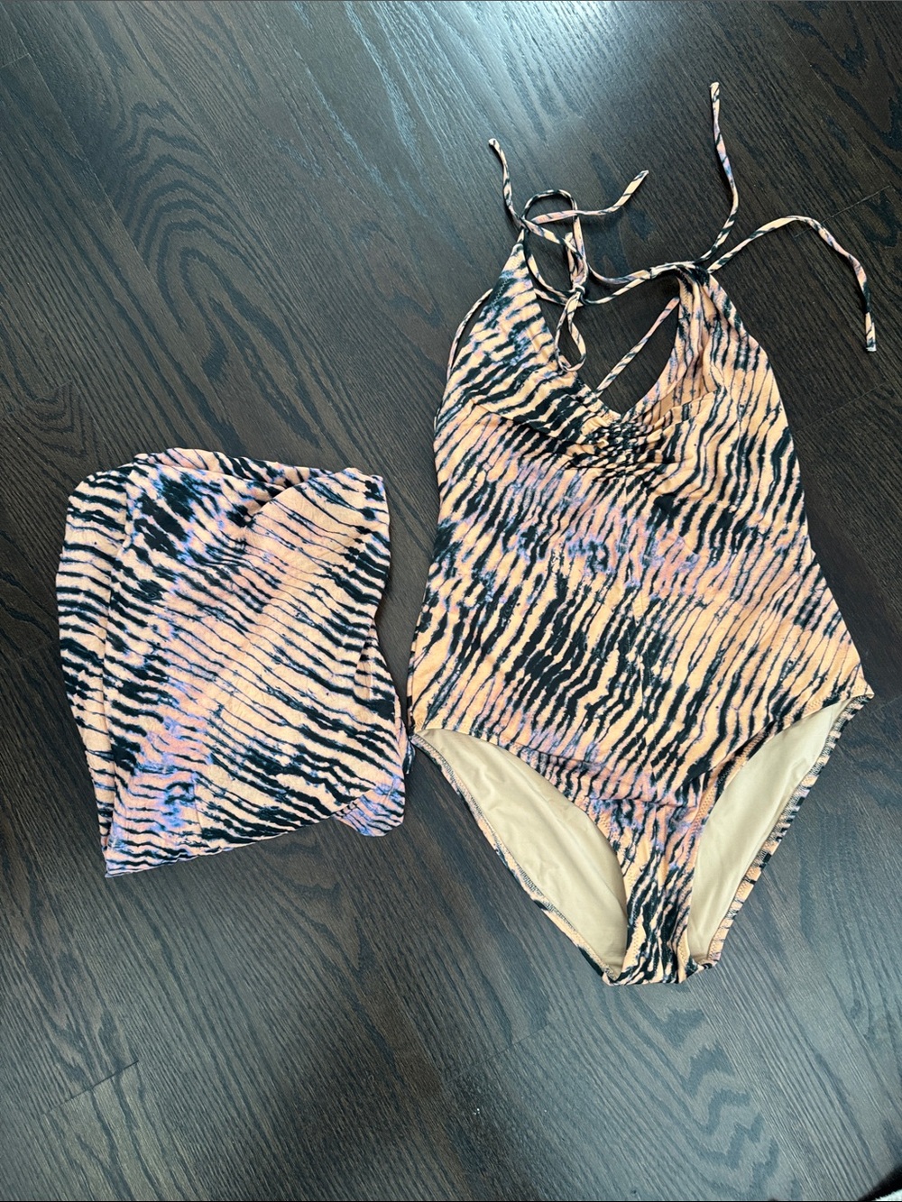 Ulla Johnson Pink, Black and Cream Tiger-Stripe Halter One-Piece Swimsuit